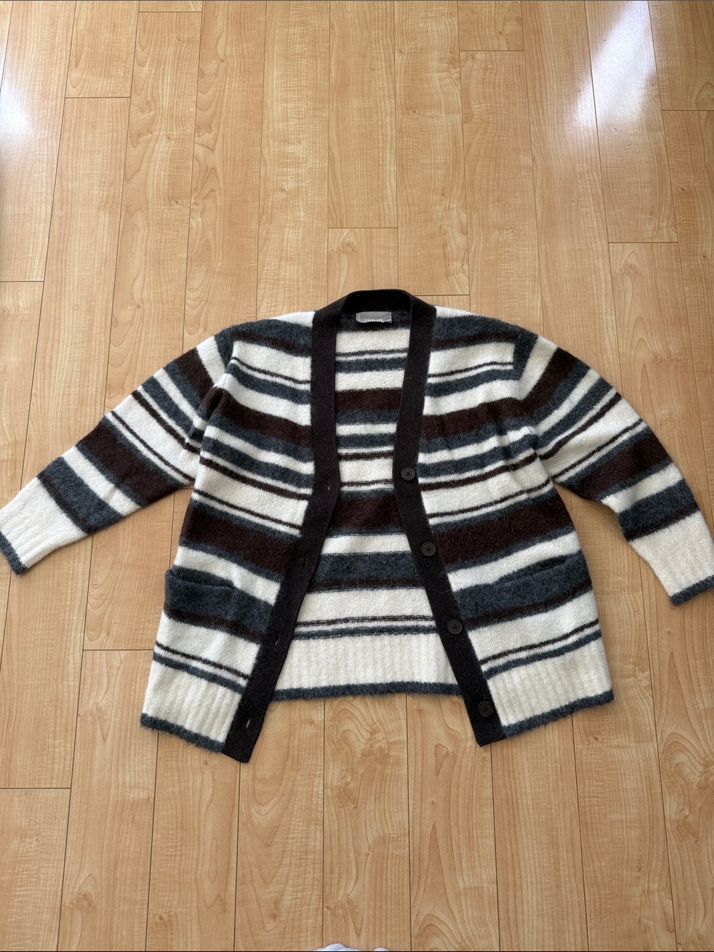 Everlane Striped Open-Front Cardigan in Cream, Brown & Gray